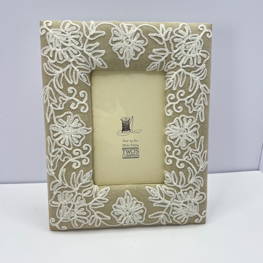 Linen Embroidered Photo Frame 4x6 Beige White Floral Cottage Boho Shabby Chic